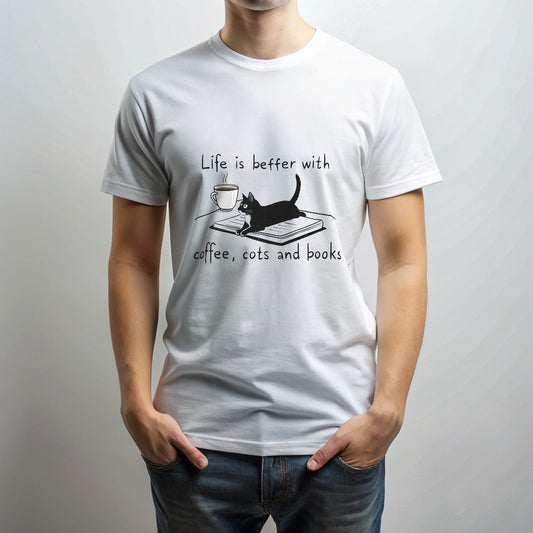 חולצת טריקו מודפסת -חתול וקפה