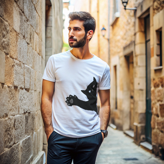 חולצת טריקו מודפסתחדר עם חתול שחור בצד